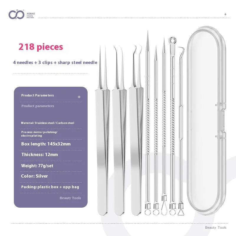 Four silver metal acne needles with ultra-fine pointed tips for blackhead extraction.