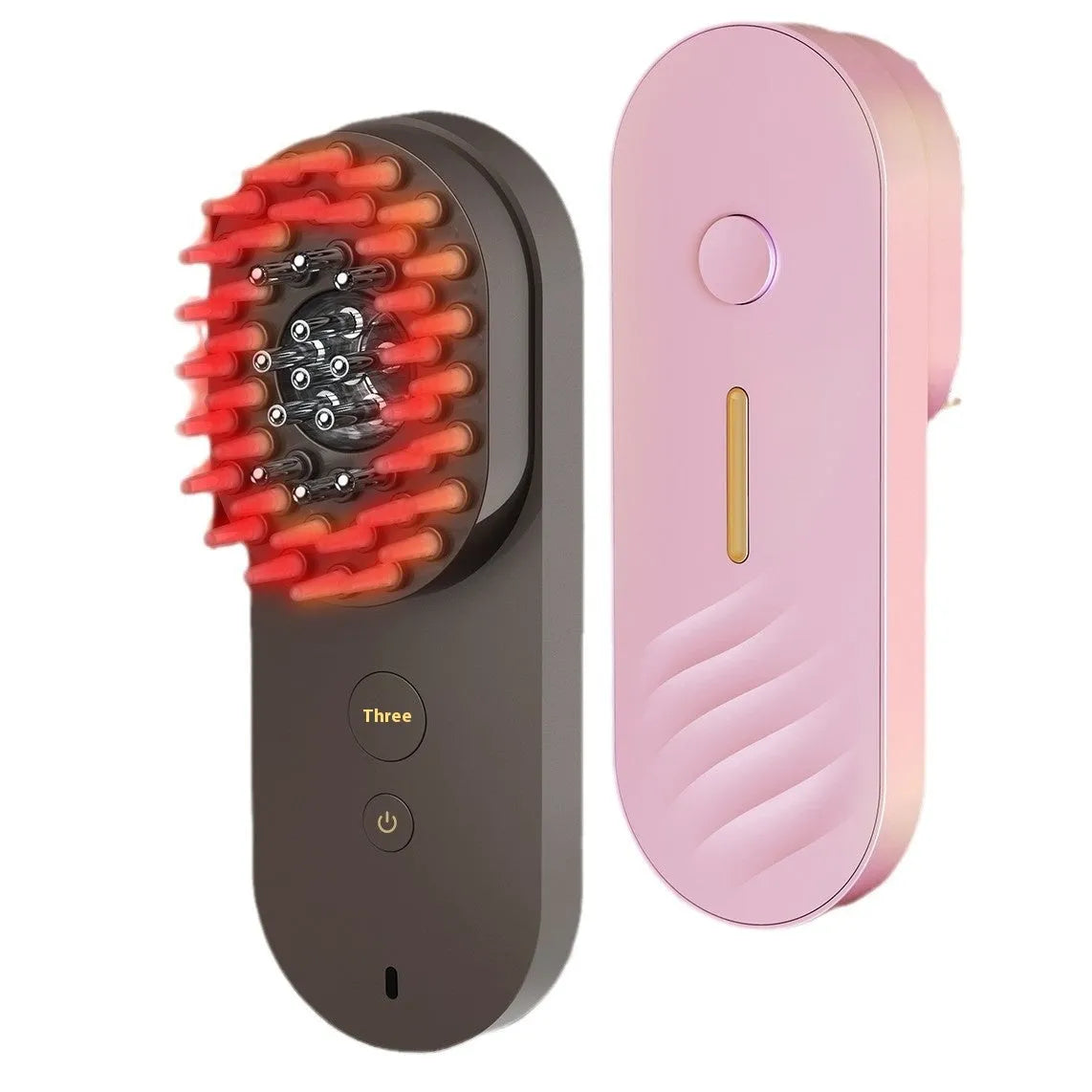 Pink and black smart massage comb with red light therapy for head care, shown actual size under 10cm.