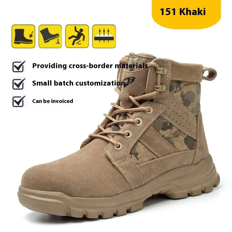 Khaki high-top safety boots with steel toe cap and lace-up front