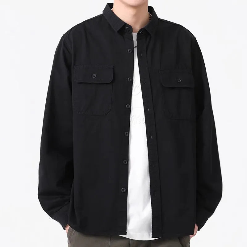 Men's loose-fitting long sleeve cardigan shirt in light grey, made from polyester fabric.