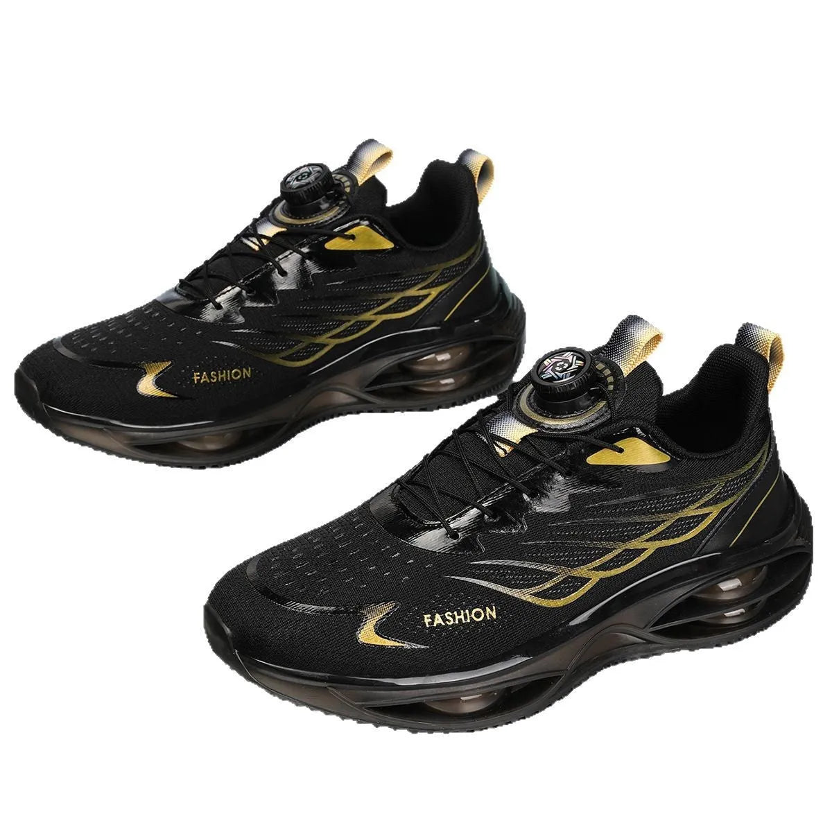 Casual running shoes with mesh upper and rubber sole in sky blue, black gold, or white colours