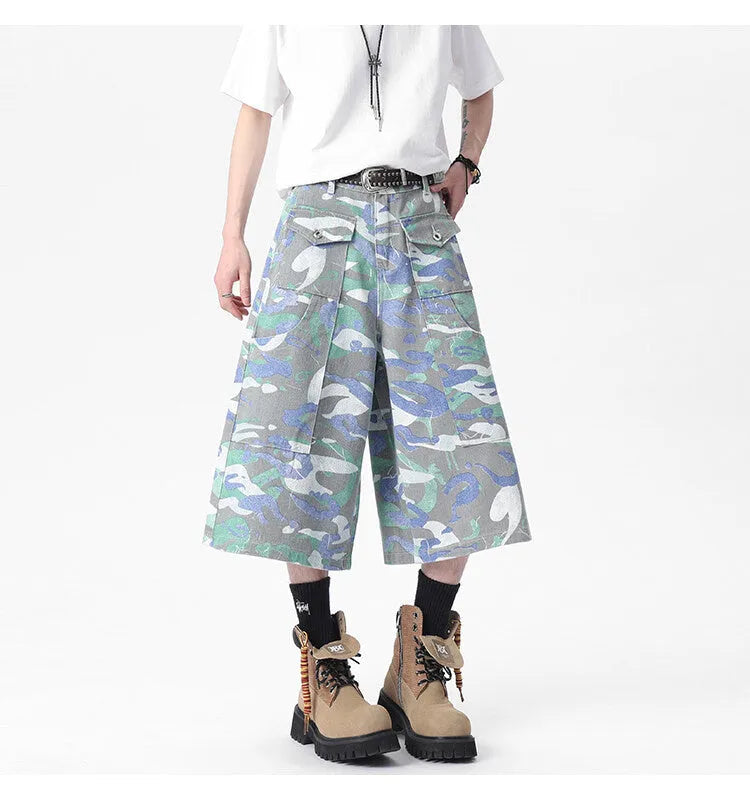 Cotton denim camouflage trousers with straight leg cut and large front pockets