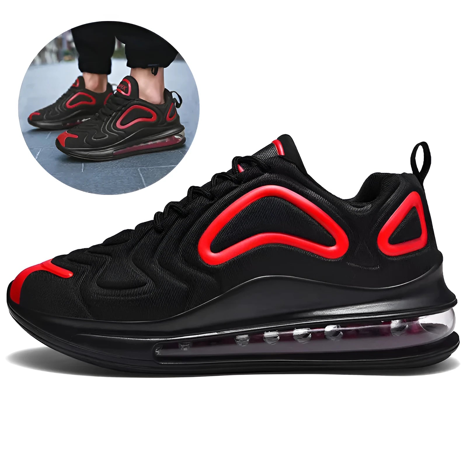 Men's black casual lace-up sneakers with thick sole and round toe design