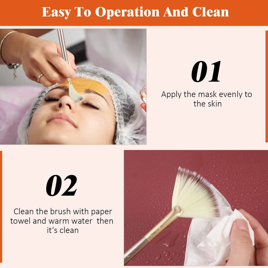 Ten champagne-coloured facial fan brushes with soft bristles and protective covers laid out.