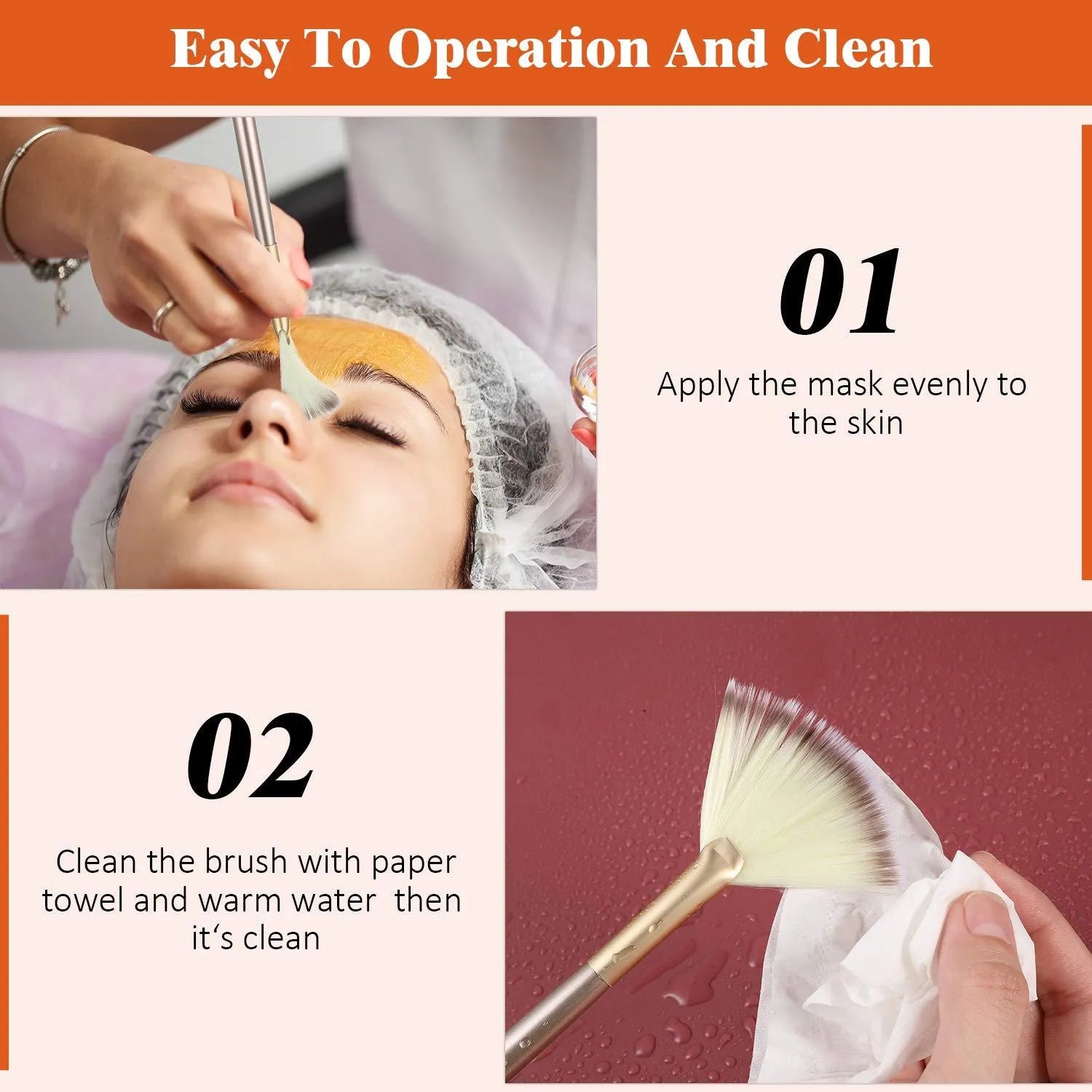 Ten champagne-coloured facial fan brushes with soft bristles and protective covers laid out.