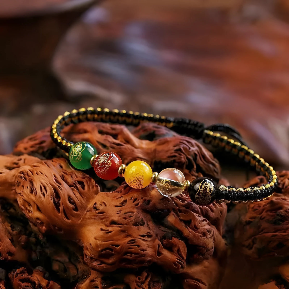 Red and black hand-woven rope bracelet with five geometric agate beads, Five Gods of Wealth design, national style.