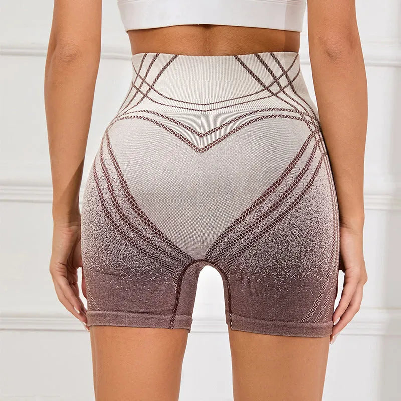Women's high-waisted gradient fitness shorts in brown and black colours for athletic training