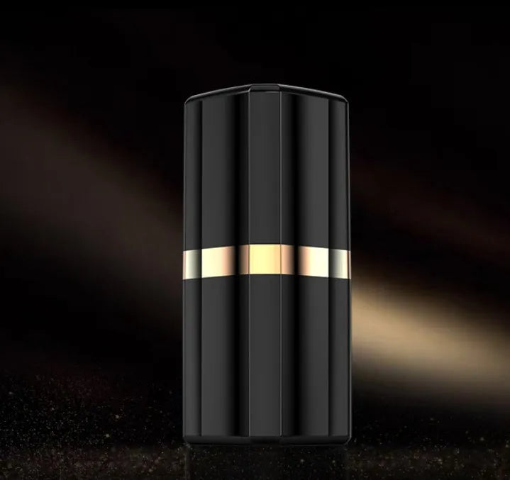 Lipstick-shaped Bluetooth earphone in black, pink, purple or white with curved earbuds and compact charging case