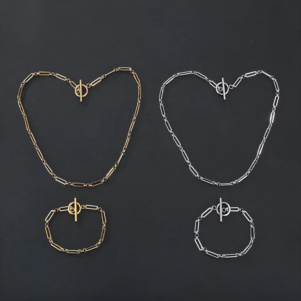 Stainless steel Chopin chain necklace and bracelet set with electroplated gold or silver finish, unisex simple design