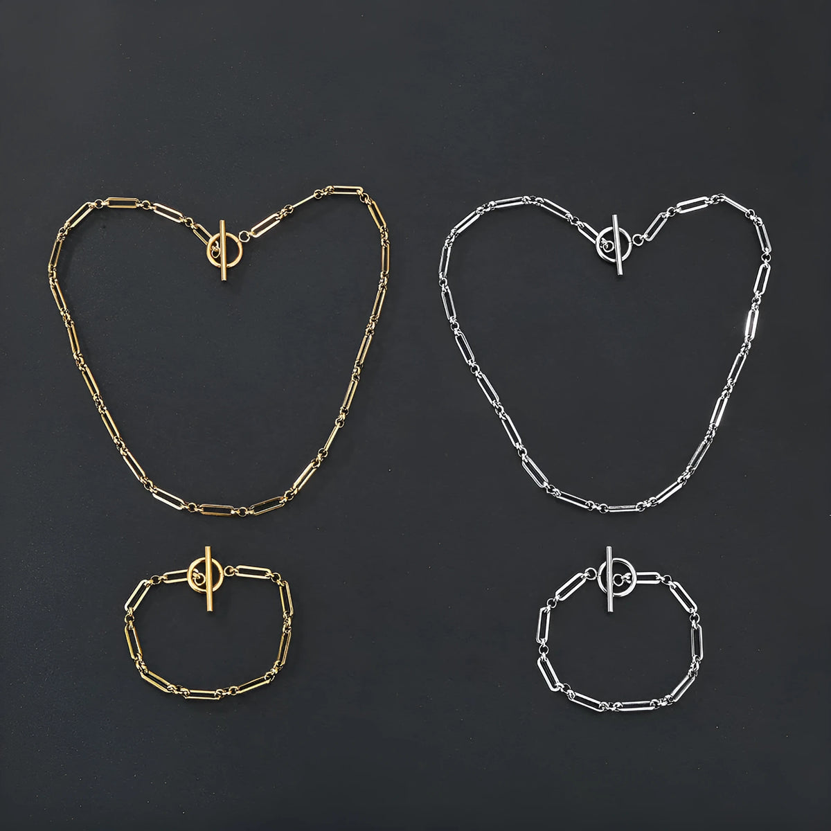 Stainless steel Chopin chain necklace and bracelet set with electroplated gold or silver finish, unisex simple design