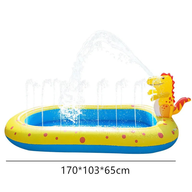 Blue dinosaur-shaped inflatable water spray pool with shark design for kids outdoor play