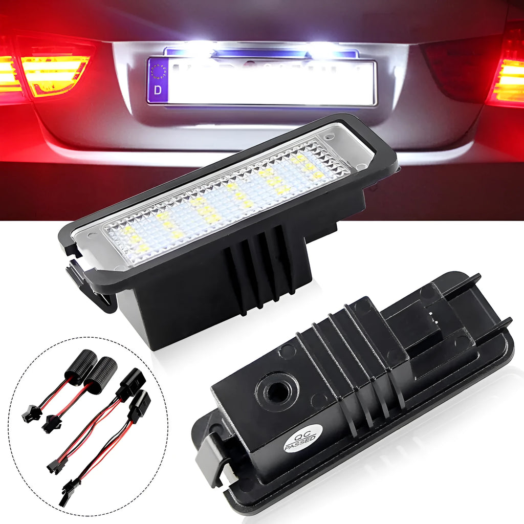 Volkswagen LED licence plate light unit showing SMD LEDs, compatible with Golf, Polo, and Phaeton models.