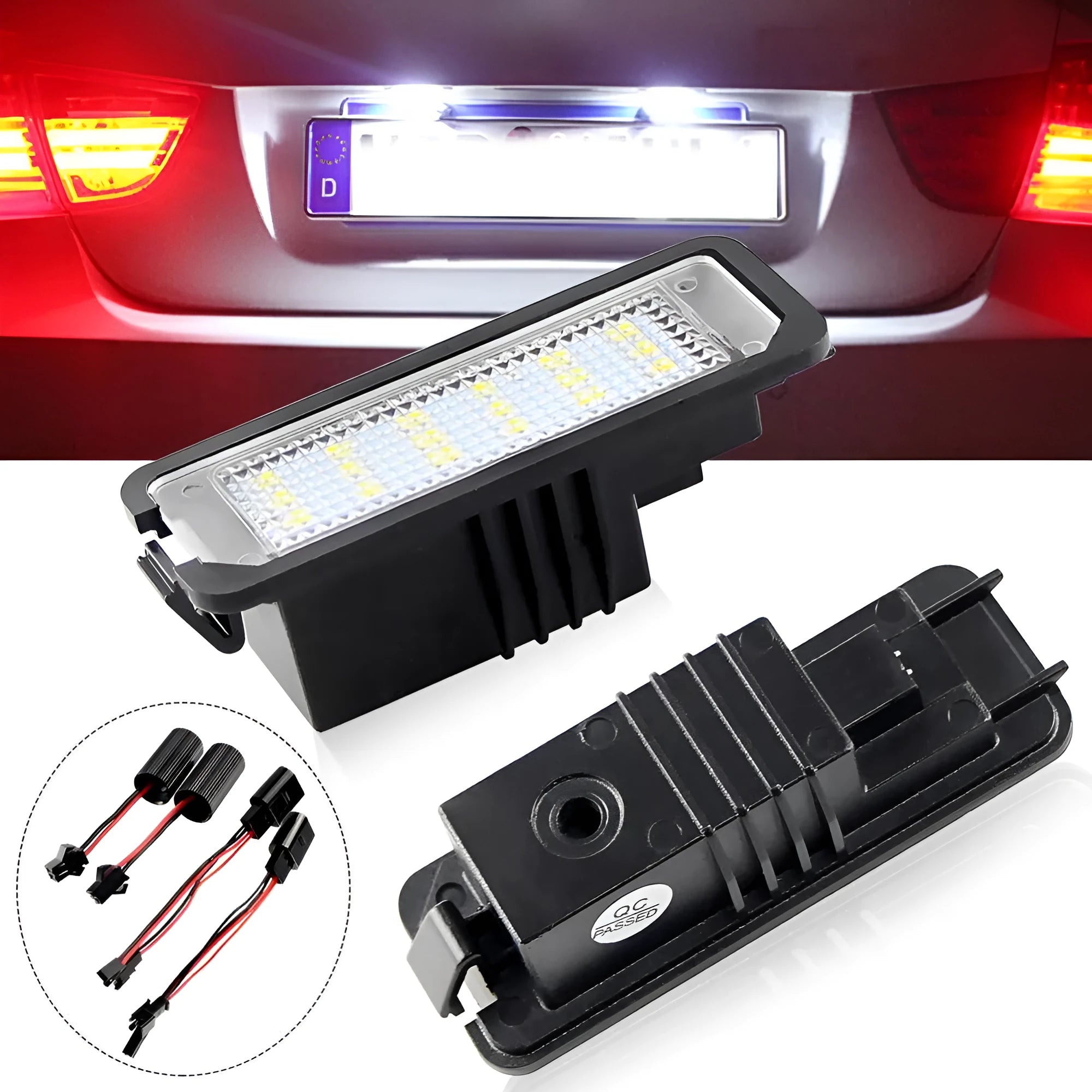 Volkswagen LED licence plate light unit showing SMD LEDs, compatible with Golf, Polo, and Phaeton models.