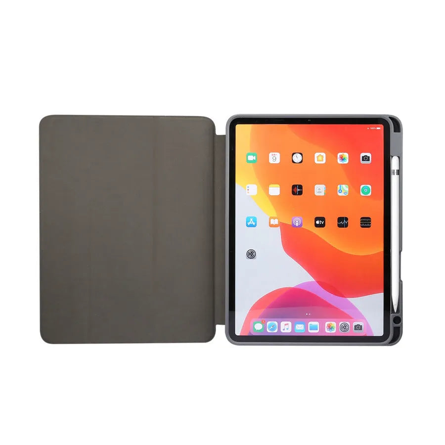 Tri-fold marbling imitation leather iPad case with a pen slot, shown in dark gray colour.