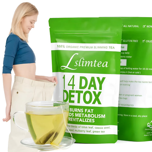 Box of 14-day herbal detox diet tea containing 14 individual sachets
