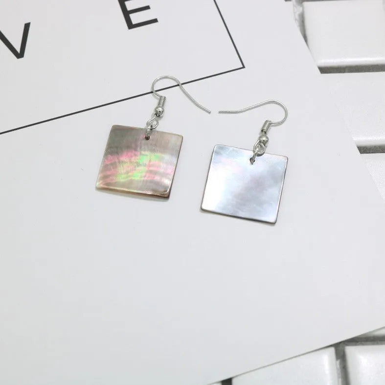 Geometric shell earrings in square and rectangular shapes with sterling silver hooks