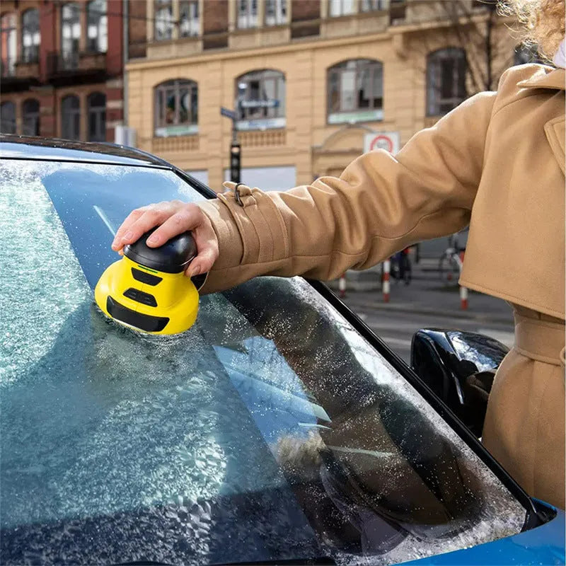 Yellow cordless electric ice scraper for car windshields with USB charging port