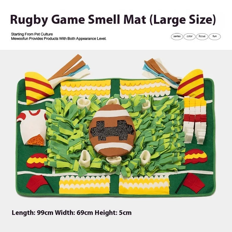 Outdoor-themed dog sniffing mat with fabric folds for hiding treats, promoting canine mental stimulation.