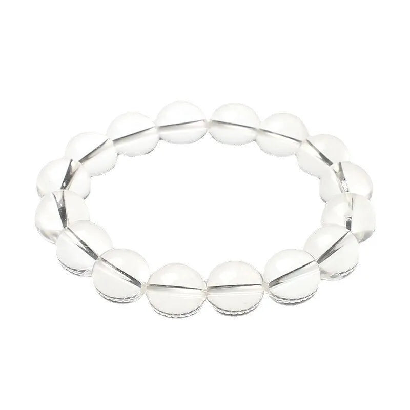 Natural white crystal bead bracelet with round beads on a single strand, geometric unisex design.
