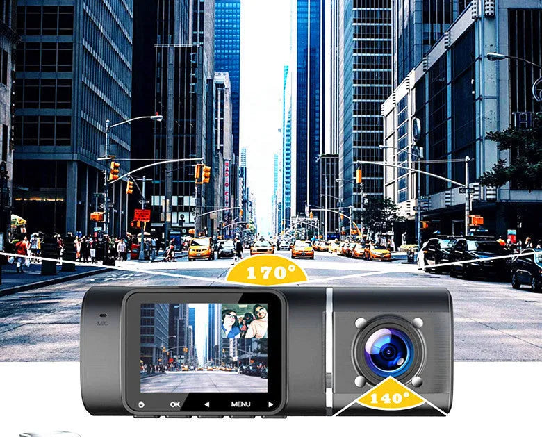 Black dual-lens car dash camera for front and rear recording with parking surveillance mode