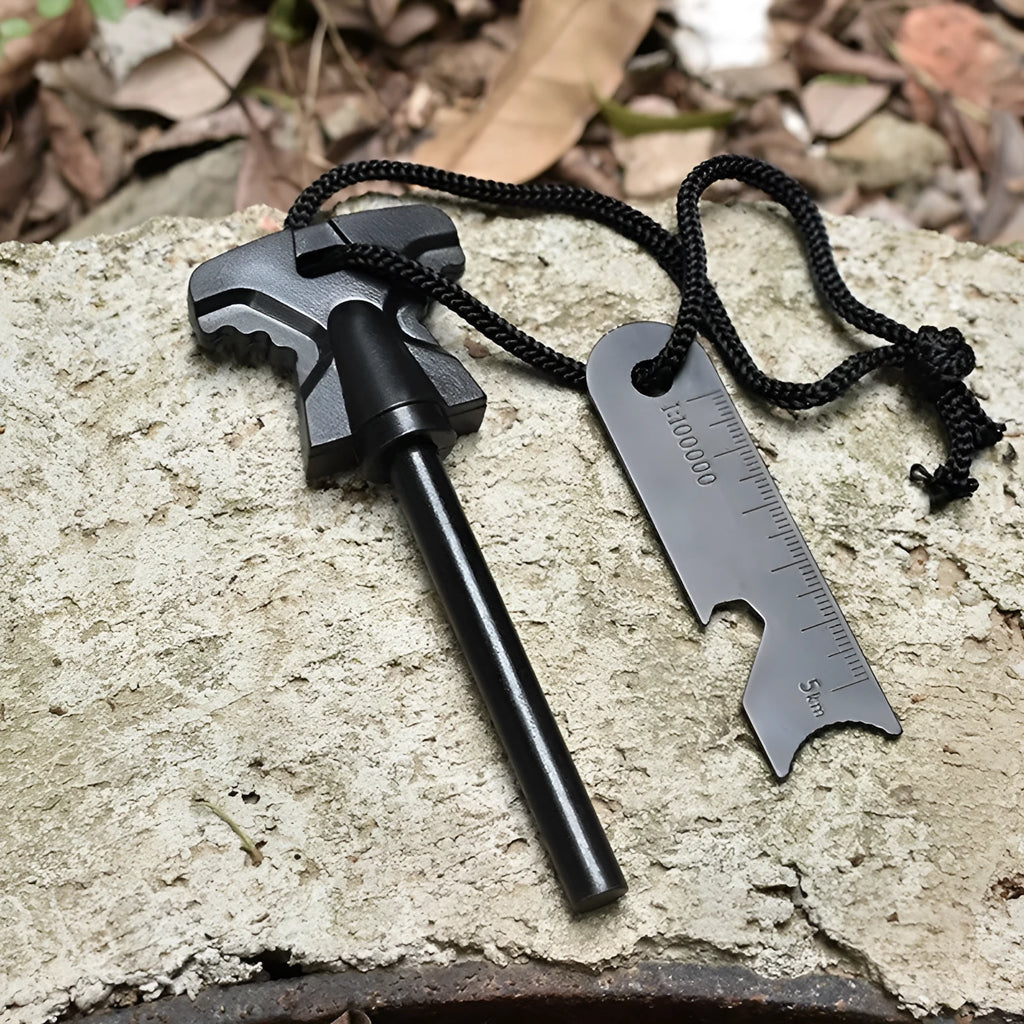 Butterfly-shaped stainless steel fire starter tool with ferrocerium rod and integrated bottle opener.