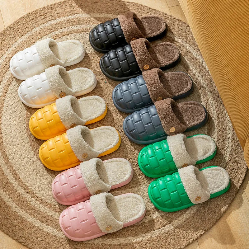 Plaid detachable EVA slippers for women in pink, showing plush lining and non-slip sole.