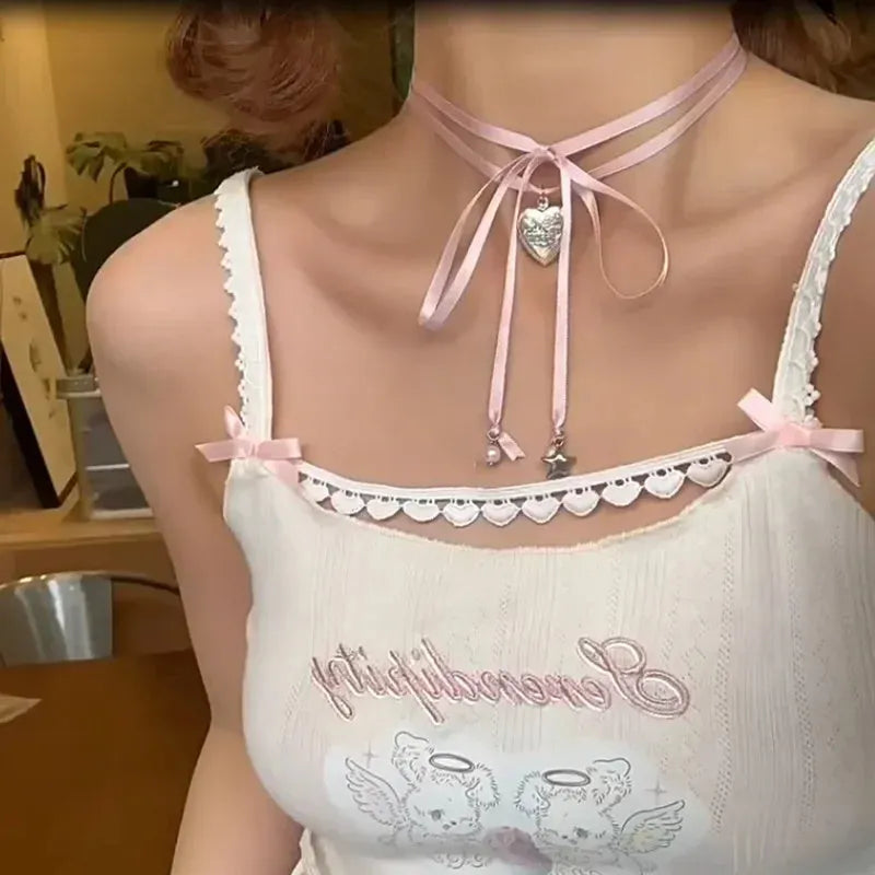 Women's ribbon love pendant fashion necklace on clavicle chain length
