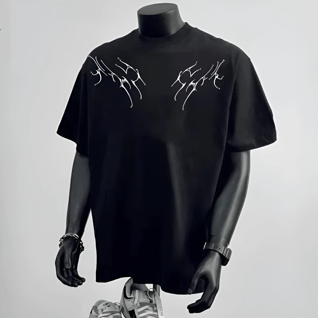 Men's black and white pure cotton short sleeve shirt in loose business fit with printed design