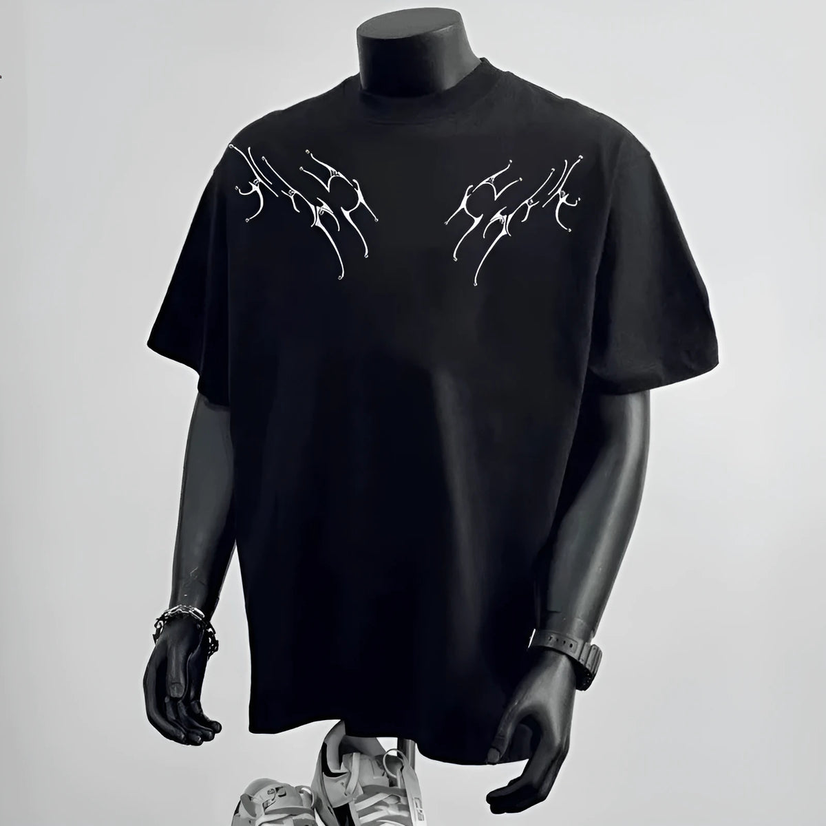 Men's black and white pure cotton short sleeve shirt in loose business fit with printed design