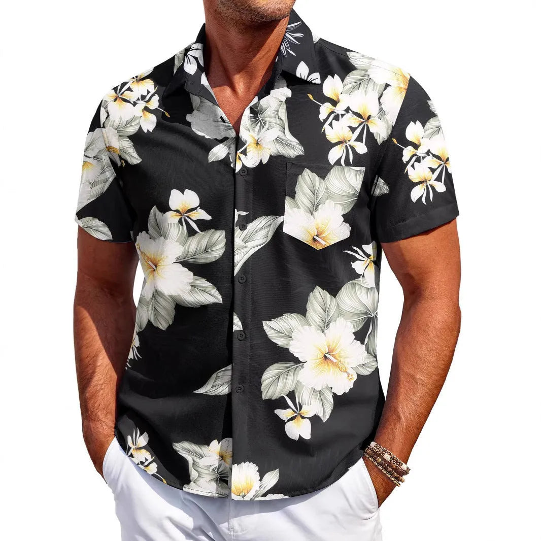 Men's slim fit Hawaiian short sleeve shirt in a cardigan style, made from four-sided elastic polyester fabric.