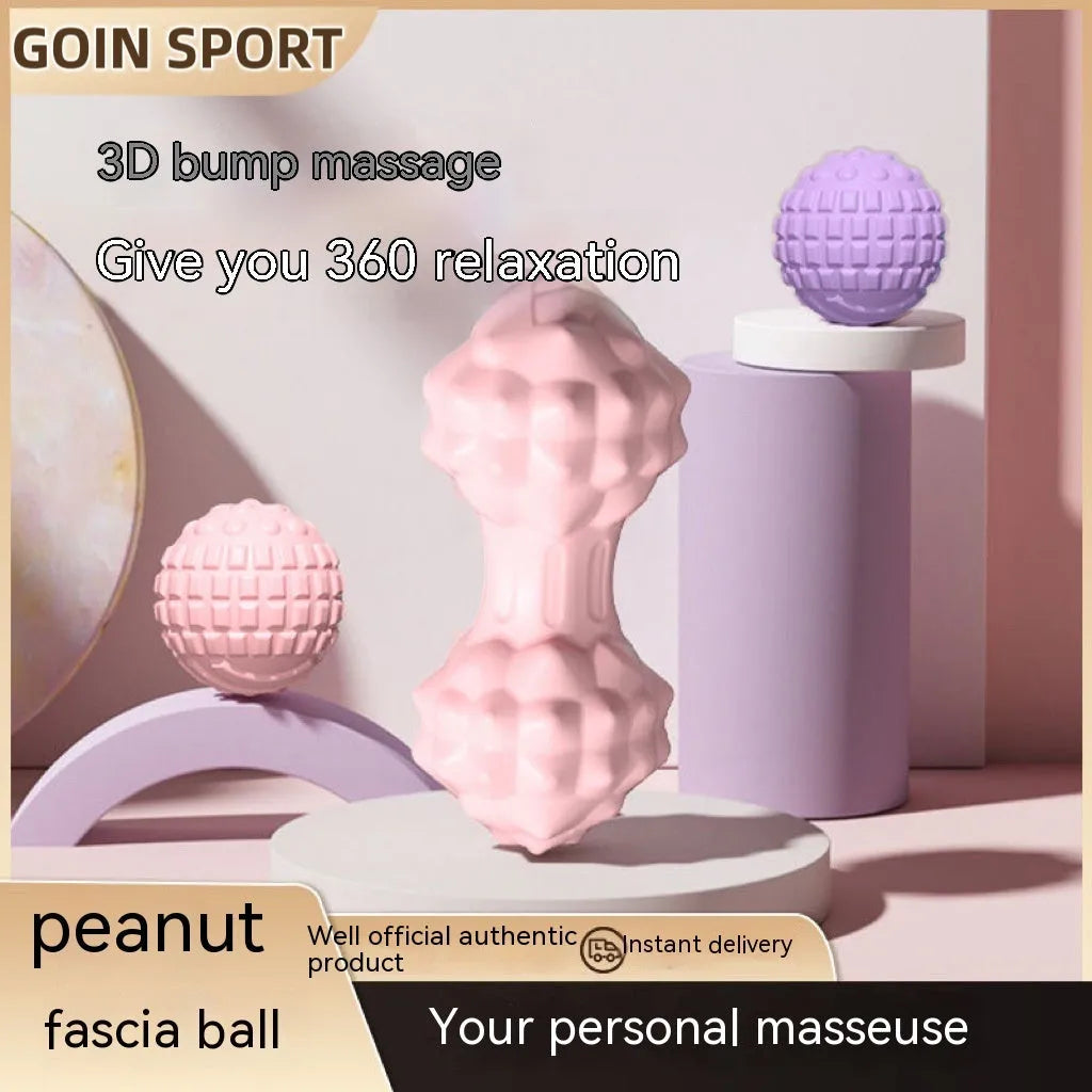 TPR foot massage ball and peanut yoga balls in pink, blue, green, and purple colour options.