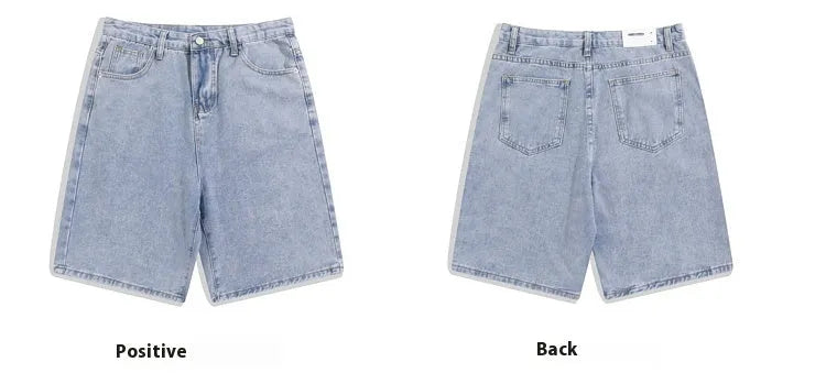 Men's light blue denim shorts with a straight leg and mid waist on a neutral background.