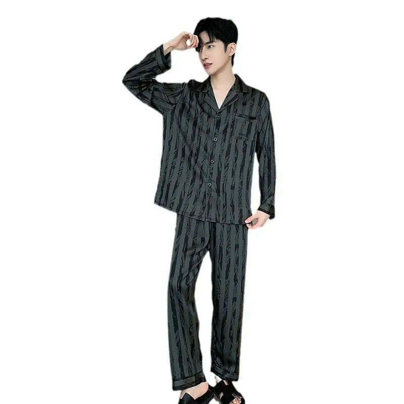 Men's black stripes ice silk pajama set showing V-neck long sleeve top and thin trousers for summer wear