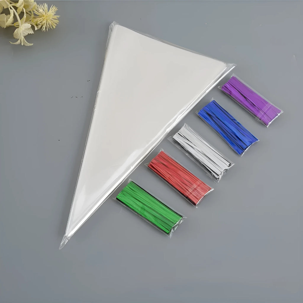 Triangle-shaped clear plastic packaging bag with a built-in metal tie wire for closure.