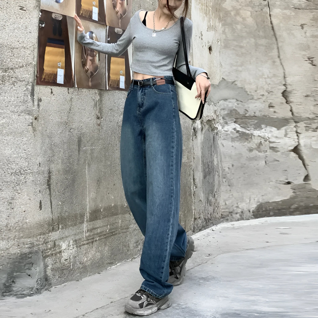 Women's high waist straight leg jeans in retro blue cotton denim showing front and back views