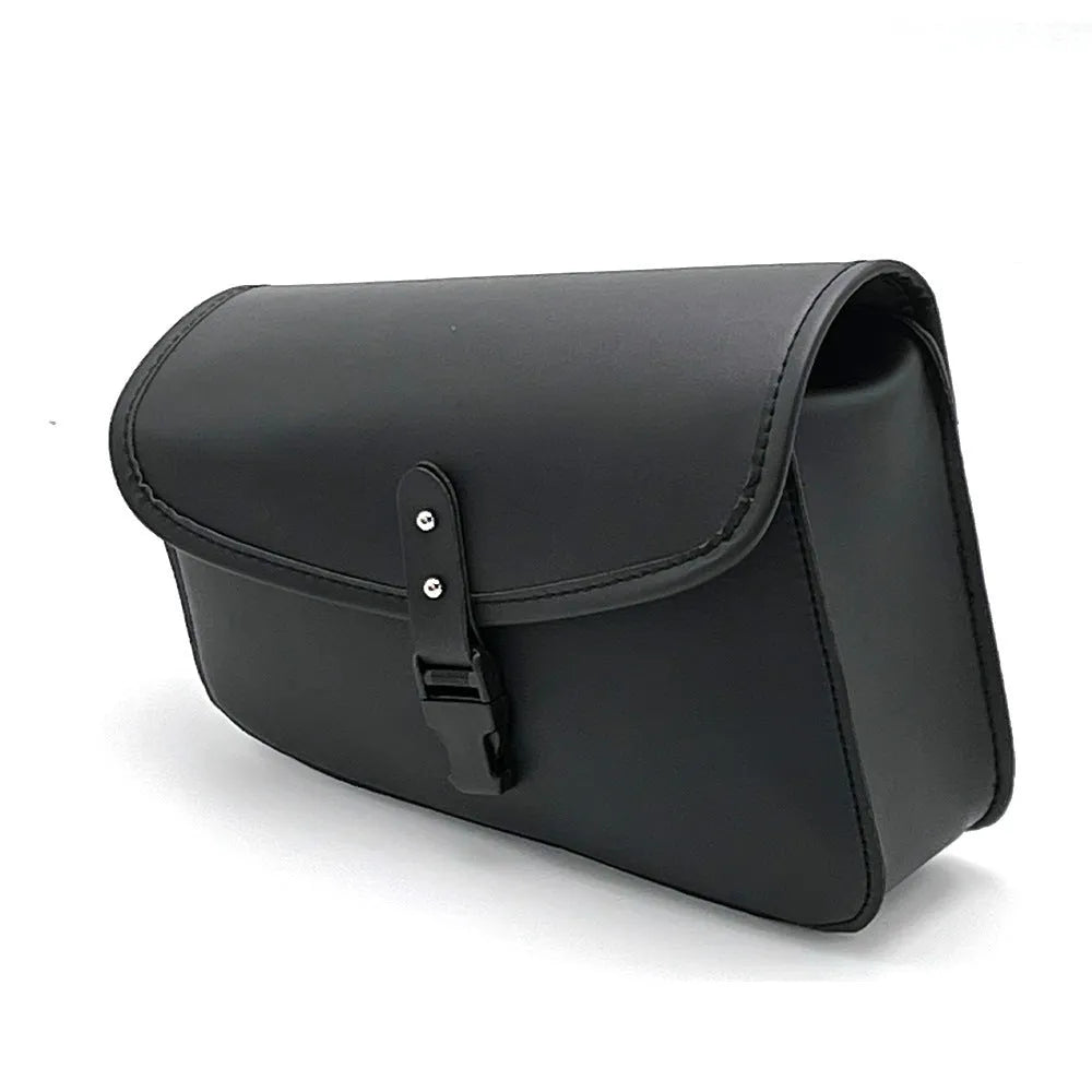 Black PU leather motorcycle swingarm bag mounted on Harley Sportster side