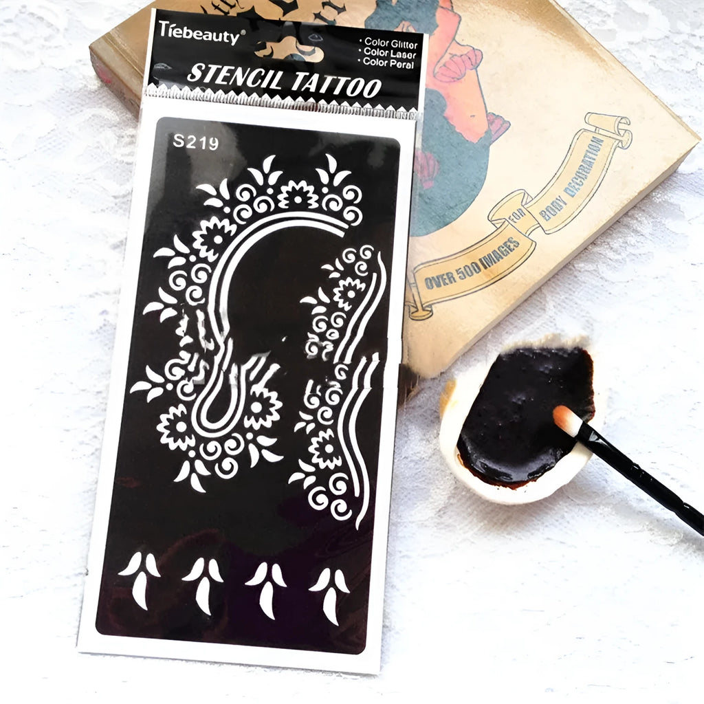 Semi-permanent hollow geometric tattoo sticker sheet on skin, showing Southeast Asian style pattern.