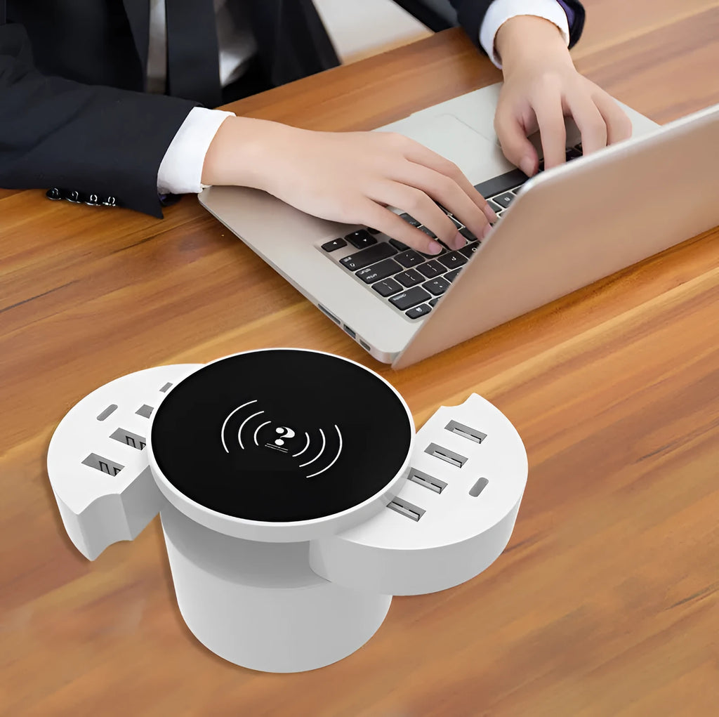 Ceramic white multi-port wireless circular smart phone charger with international adapters
