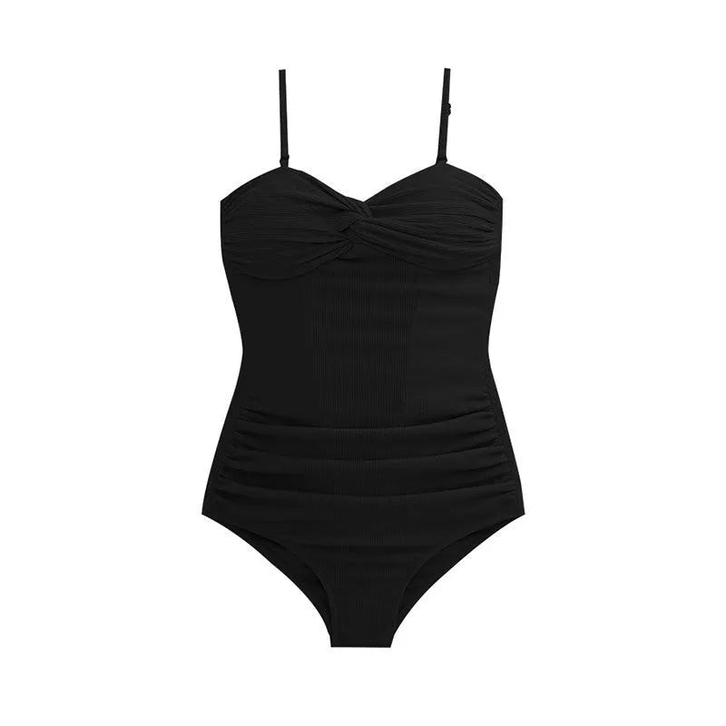 Women's black one-piece swimsuit with adjustable suspender straps and a slimming fit.