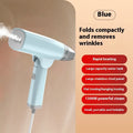 Handheld garment steamer in blue colour showing compact design with water tank