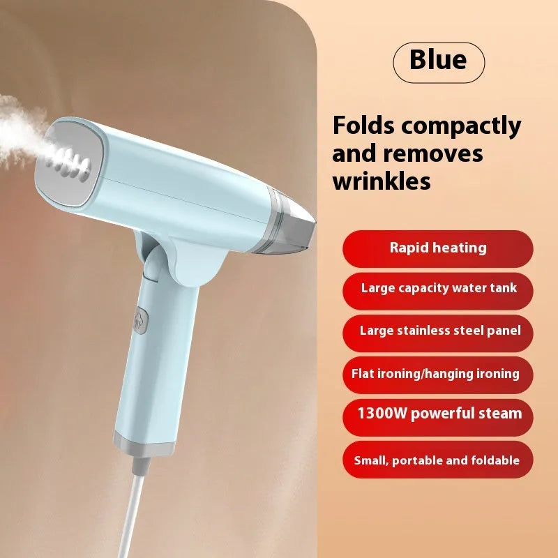 Handheld garment steamer in blue colour showing compact design with water tank