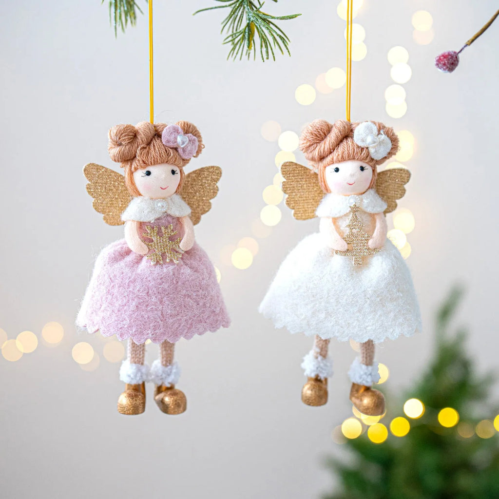 Christmas angel wings plush pendant ornament in pink or white colour on tree branch
