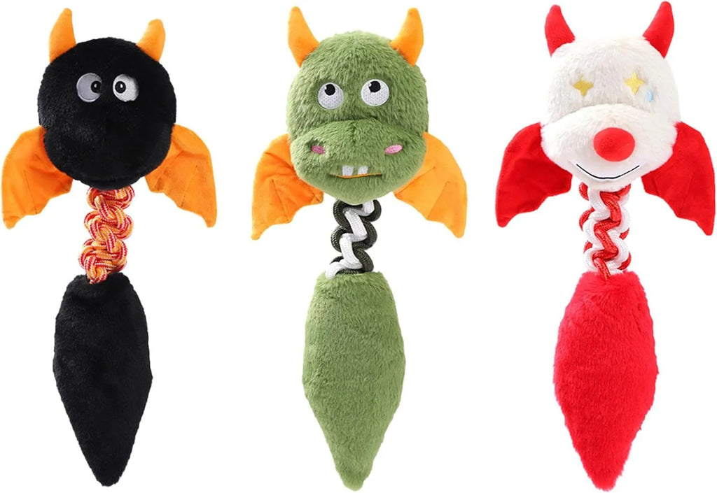 Large black plush dog toy with cartoon face, rope knot, and squeaker for big dogs.