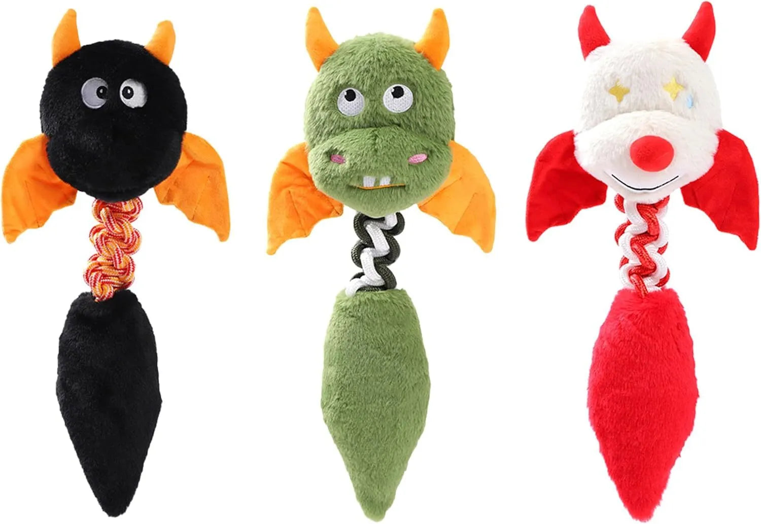 Large black plush dog toy with cartoon face, rope knot, and squeaker for big dogs.