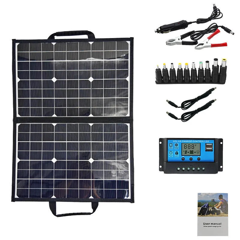 Black 40W monocrystalline folding solar panel bag shown folded to 425x285x8mm for portable outdoor power.