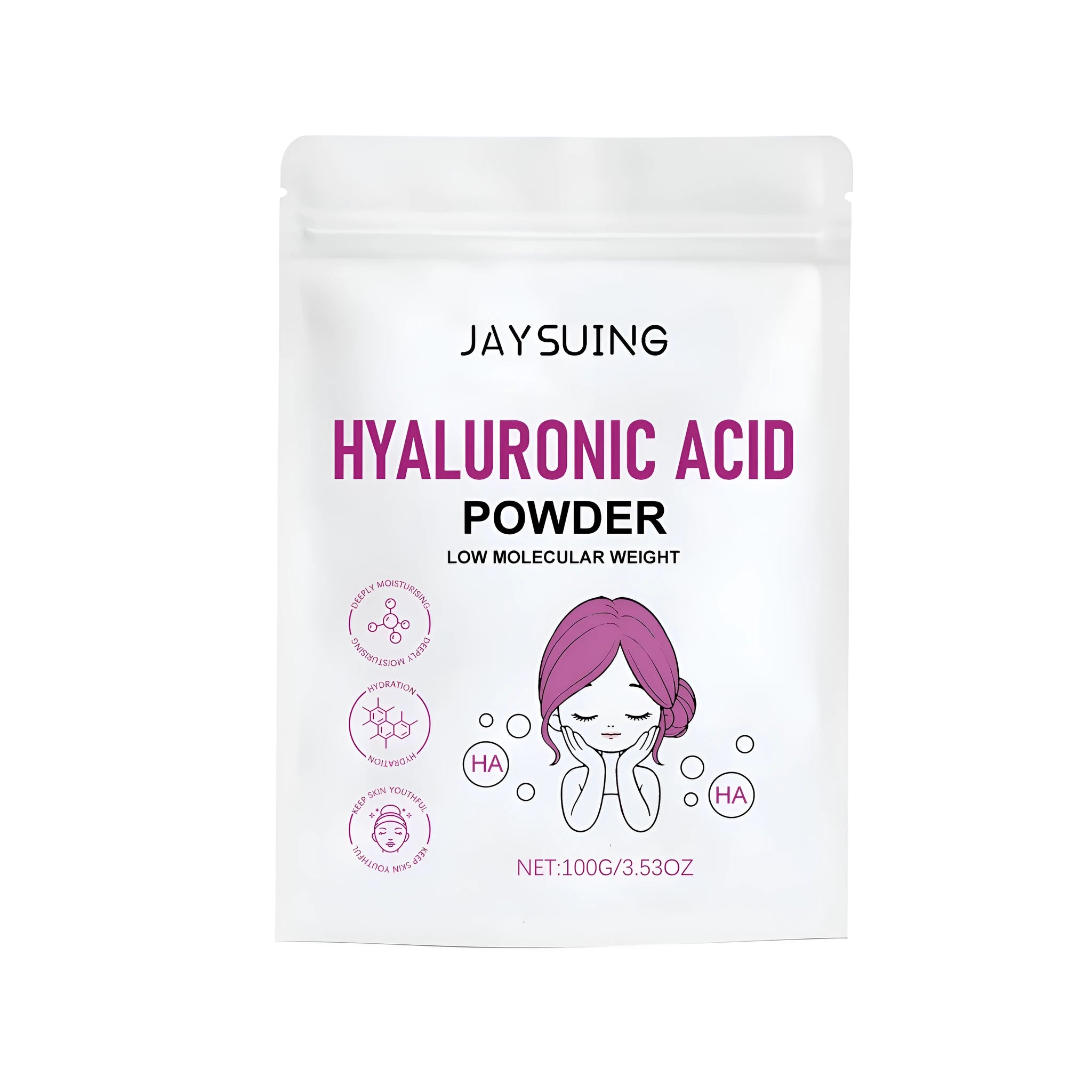 100g jar of hyaluronic acid powder for DIY face masks with a mask applicator.