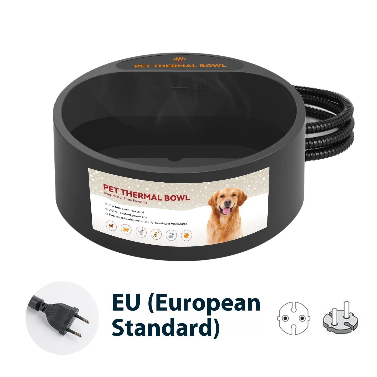 Black electric pet heating bowl with anti-slip base for cats and dogs