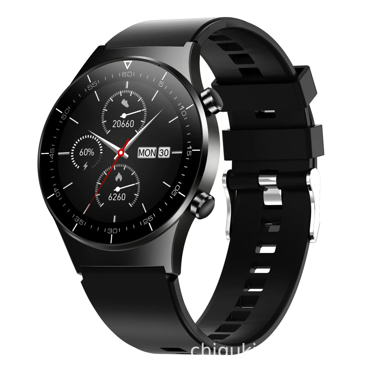 Black smart sports watch with astronaut bracelet design showing heart rate and blood pressure monitoring on 1.3 inch touchscreen