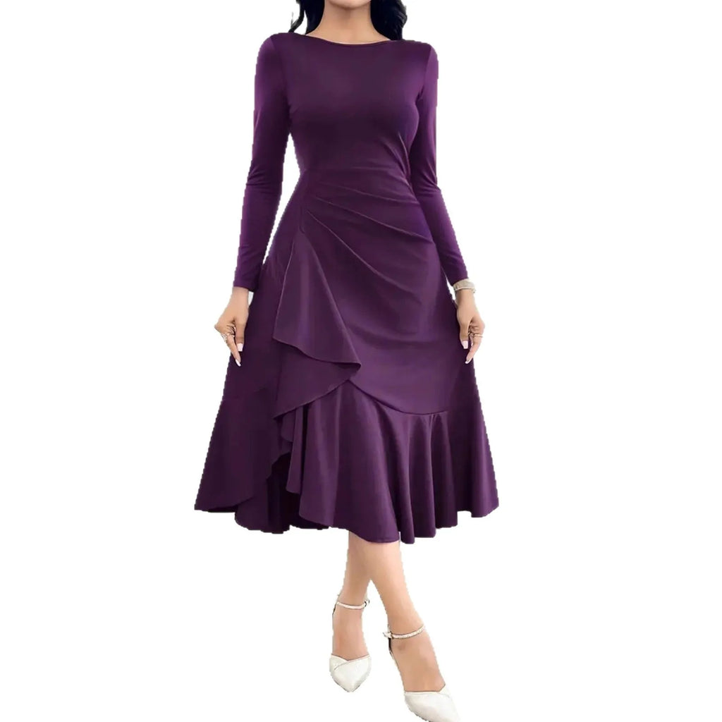 Purple women's long sleeve dress with round neck, ruffles, and a mid waist.