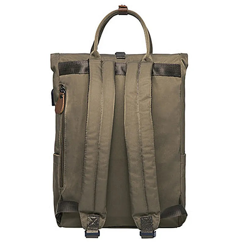 Casual polyester backpack with cover opening showing internal computer pocket and zipper pocket organisation